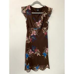 Y2K FLP Brown Floral Chiffon Flutter Sleeve Midi Dress Women's 6